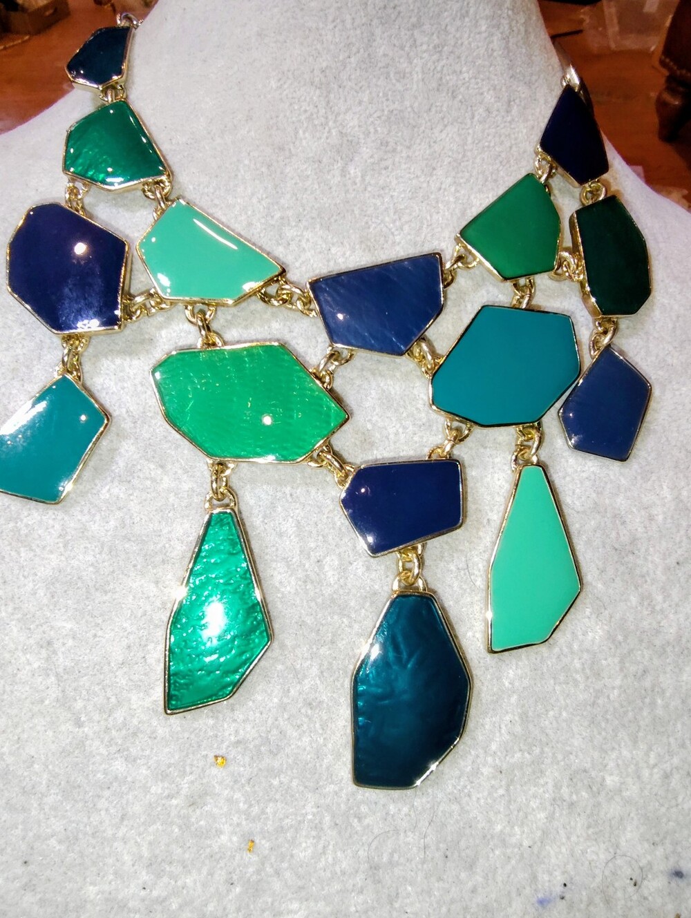 1990s Bella Jack Statement Green & Blue Enamel Geometric Bib Necklace 16" to 24"